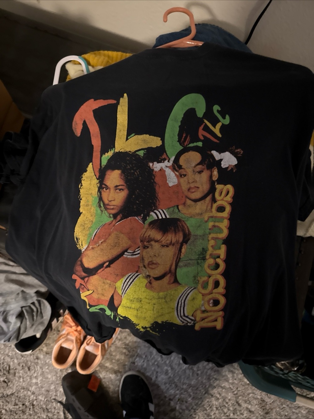 Vintage 90’s TLC Black Graphic Tee with Yellow, Green & Red Accents